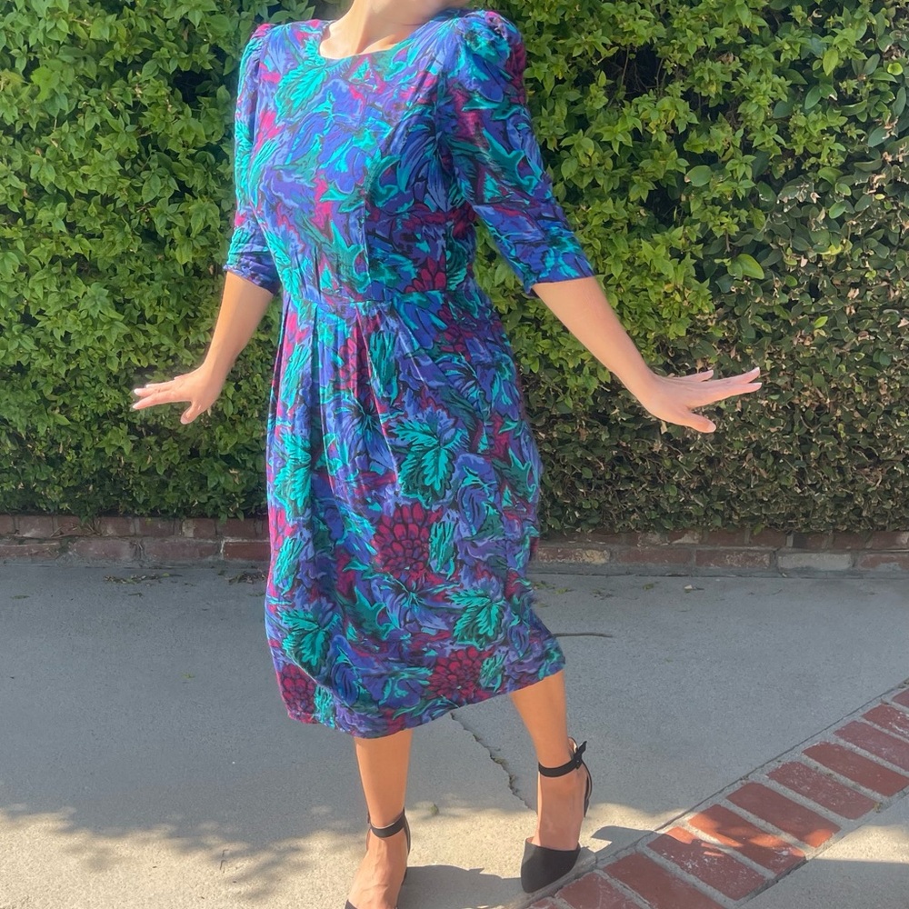 Vintage 80s Floral Midi Dress Secretary Tea Modest Bold Shoulder Pads Vtg Large - Picture 4 of 15